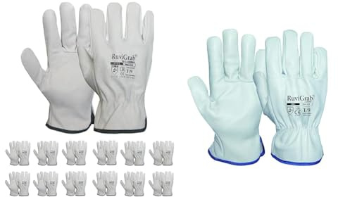 Ruvigrab - Pack 12 pares - Guante de Trabajo de Piel de Flor Natural - Guantes para Jardinería Guante de Trabajo Piel de Flor de Vacuno Natural | Guantes de cuero para Jardinería