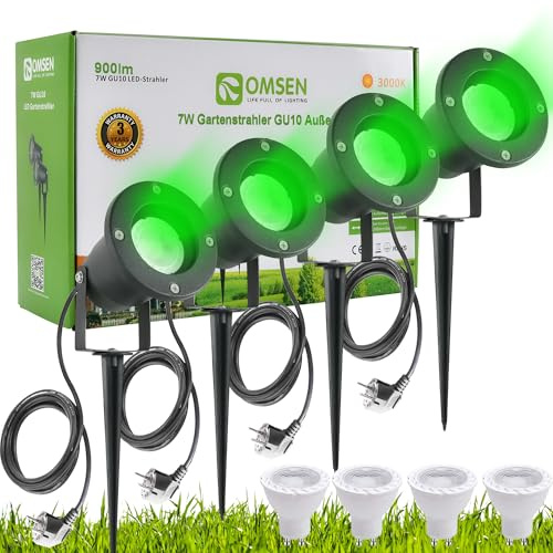 OMSEN Focos LED de Jardín con Estaca Luz Verde, Bombillas GU10 Reemplazables, Cuerpo de Aluminio IP67, Focos Exterior Jardin Verde para Paisaje, Árboles, Plantas, Césped, Kit de 4