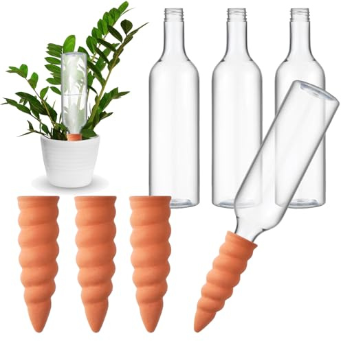 Geiserailie 4 Sets Dispositivos de Riego Automático para Plantas Riego de Conos de Arcilla de Terracota con Botellas de 750 ml Pico de Riego de Arcilla de Liberación Lenta para Macetas Vacaciones