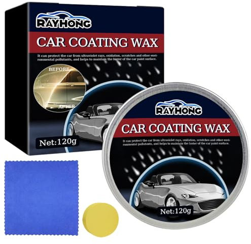 Cera Coche, Pasta Pulir Coche, Cera de Carnauba para el Coche, con Esponja y Paño de Microfibra, Pulimento Coche, Quita Arañazos Coch, para Pinturas Oscuras o Negras, Brillo y Protección, 120g