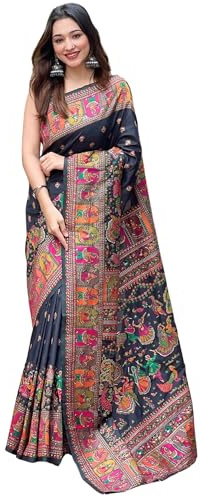 SGF11 Women's Kanjivaram Soft Silk Saree With Blouse Piece (Black) 6.3metres