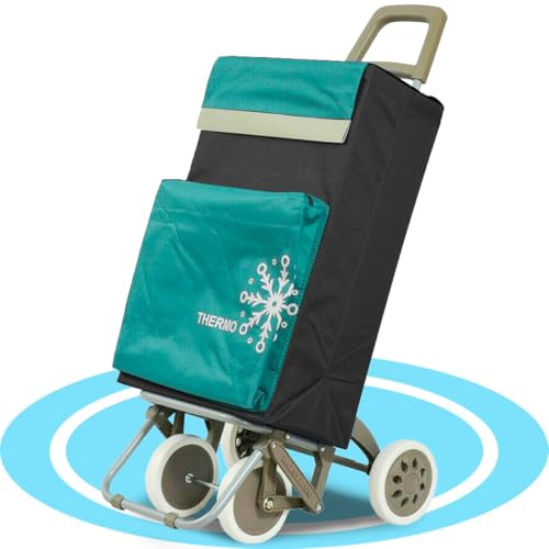 Dekohome Carro de la Compra con 2 Bolsillos Extra, Bolsillo Térmico para Congelados, Bolsillo Trasero con Cremallera, 4 Ruedas Estables, Gran Capacidad de 54L, Carga hasta 40Kg, 39x20x98cm, Verde