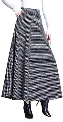 BiilyLi Jupe Longue Femme Hiver Élégant Carreaux Haute Taille Maxi Jupe en Laine A-Line Taille élastique Skirt 1951 Noir -XL