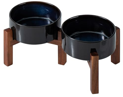 Havniva Doppelnapf-Set aus Keramik, 15,5 cm, mit Ständer aus Akazienholz, 2 Höhen, Futter- und Wassernäpfe für kleine Hunde (800 ml, Sternenhimmel)