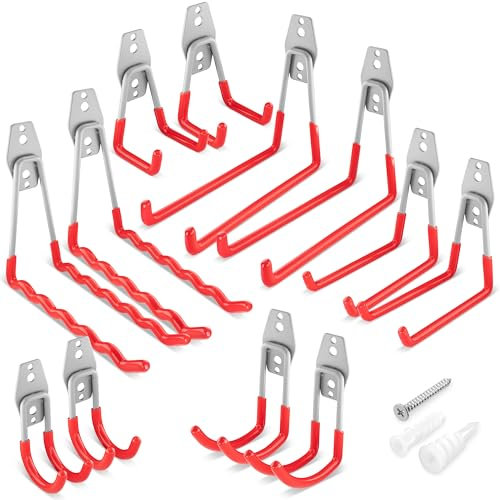 POPPSTAR 12x Crochets Mural Garage, Crochets Doubles Lourde, 6 Tailles (formes : carrées, J, ondulées), rouge