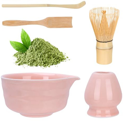 HOBEYO Matcha-Set Rosa mit Matcha Besen Matcha Schale mit Ausgießer Besenhalter aus Keramik und Löffel - 5 Stück Matcha Set Pink für Teeliebhaber