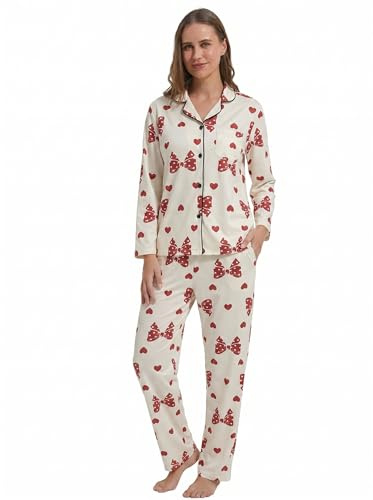 YUSHOW Pyjama Femme Long Tee Shirt à Manche Longue Boutonné Bas Pyjama avec Poches Ensemble Vêtements de Nuit Doux Leger,Nœud Rouge,S