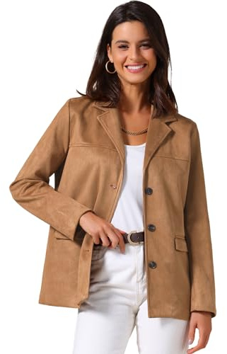 Allegra K Chaqueta Blazer de Ante Sintético para Mujer Estilo Vintage Informal con Botones Manga Larga y Bolsillos Marrón S