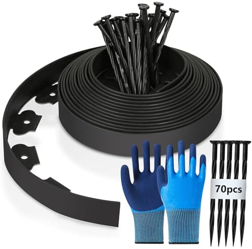 Flexibel gräskant av plast, 15 m (L) x 10 cm (H) rabattgräns, rabattkant, klippkant – kantband för gräsmatta med 70 markankare + 1 par handskar (svart)