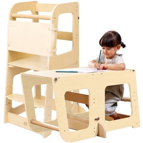 Lernturm ab 1 Jahr – Montessori Beobachtungsturm, umwandelbar in Kinderschreibtisch – Kinderstuhl Holz – Hochhocker für Kinder von 1 bis 6 Jahren (Naturholz)