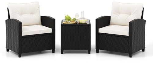 FANTASK Set di 3 mobili da balcone con cuscino, set di mobili da giardino in rattan con 2 sedie e tavolo in vetro, per balcone, terrazza e giardino, bianco crema