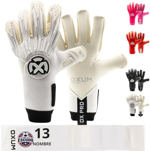 OXUM Guantes de Portero Personalizados OX Pro para Adultos – Añade Nombre, Número y Bandera o Escudo – Guantes de Fútbol Profesionales con Agarre Superior y Gran Comodidad (Blanco 7)