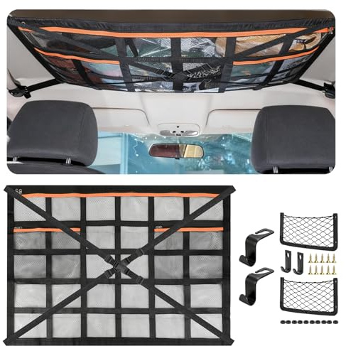 Tetto auto rete bagagli coperta universale con cinghie a croce regolabili e 3 tasche con cerniera indipendenti per quattro braccioli sul tetto auto, furgone, SUV con 2 pezzi per auto