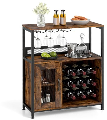 COSTWAY Cantinetta Porta Bottiglie di Vino, Armadietto per Vino con Portabicchieri, Scaffale Aperto e Ripiano Rimovibile, Credenza in Legno Industriale per Cucina e Sala da Pranzo, 75 x 34 x 90,5 cm