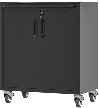 QSOST Armoire de Garage Robuste en métal avec roulettes – Rangement d'outils Robuste 75 × 42 × 88 cm, pour Garage, Bureau et Usage Domestique (Black)
