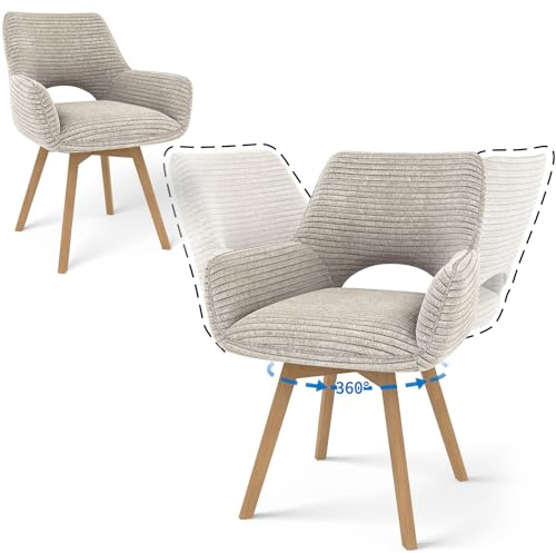 JIJIAN Lot de 2 Chaises de Salle à Manger Pivotantes à 360°, Taupe | Chaises de Cuisine avec Pieds en Bois, Chaise Rembourrée Moderne en Velours Côtelé pour Salle à Manger, Cuisine et Salon