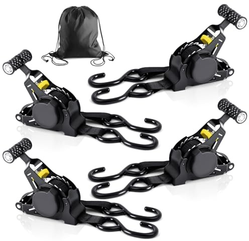 vsshe Cinghie di ancoraggio a cricchetto retrattili, 4 Pcs Cinghie di Tensione, Cinghia di tensionamento automatica 3.3m x 2.5cm, resistenza alla rottura massima di 680 kg,con gancio S, per Moto,Auto