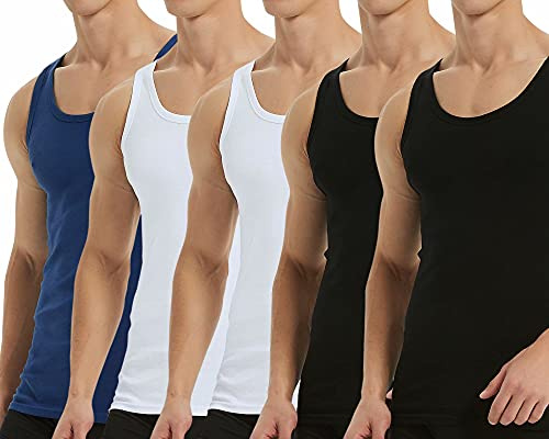Falechay Débardeur Homme Lot de 5 Maillot de Corps 100% Coton Musculation Sport Maillot de Corps Noir Blanc Bleu XXL