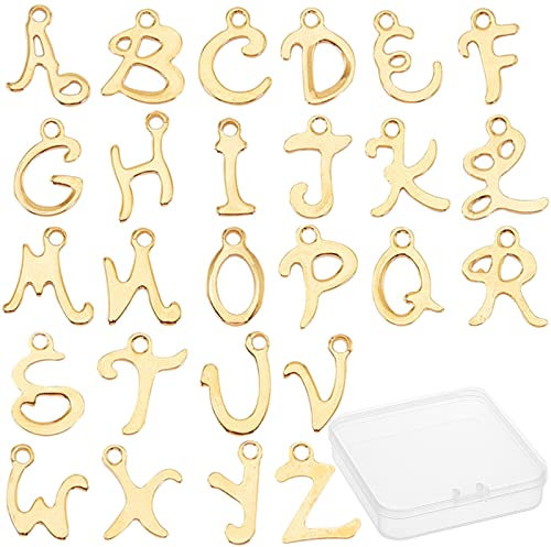 SUNNYCLUE 1 Box 52 Stück 26 Alphabet Buchstaben Charms Edelstahl AZ Metall ABC Anhänger Mini Initialen Lose Perlen Mit Loch Für Personalisierte Schmuckherstellung DIY Halskettenzubehör, Golden