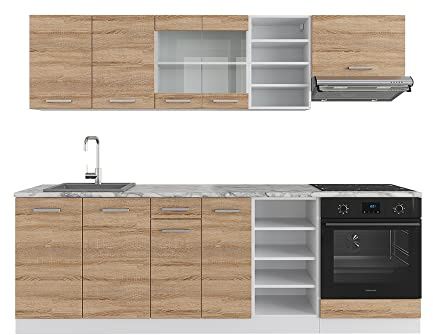 Vicco Küchenzeile R-Line, Küchenblock, Sonoma/Weiß, 240 cm, AP Marmor