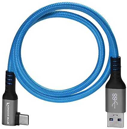 KONDOR BLUE | USB-A to USB-C 3.0 Right Angle High Speed Data and Charging Cable 3A 60W 5G | 2FT Ultra-Durable, & Nylon Braided with Reinforced Metal Connectors | Blue