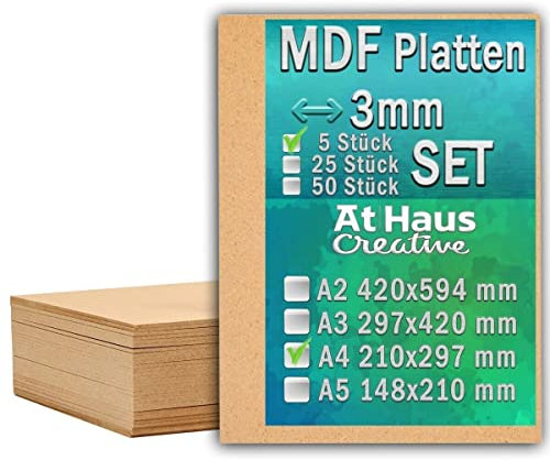 AtHaus Set di 5 pannelli in legno MDF A4 – 297 x 210 mm, 3 mm, sottili, per lavori di bricolage, pittura, modellazione, incisione, perfetti per laser, router CNC