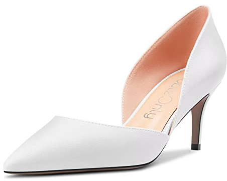 NobleOnly Femmes Aiguille Mi Talon Heel Pointu Bout Escarpins Two-Piece Slip-on Mariage Sexy 6 CM Heels Blanc 41 EU