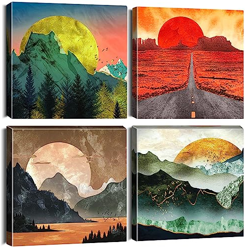 Artscope 4 delar canvastavlor med soluppgång solnedgång motiv konsttryck – modern väggbild för kök badrum vardagsrum väggdekoration – 30 x 30 cm
