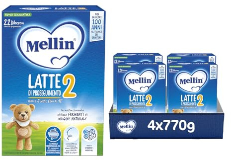 MELLIN 2 - Latte di Proseguimento in Polvere per Neonati dal 6° Mese Compiuto al 12° - 4 Confezioni da 770 gr
