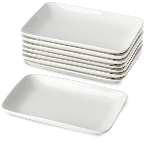 XINLTC 8 Inch Rectangular Appetizer Plates, Ceramic Dessert Plates, Salad Plates Set, Small White Serving Plates for Salad, Appetizer, Snack, Sushi, Microwave, Oven, Dishwasher Safe, Set of 8