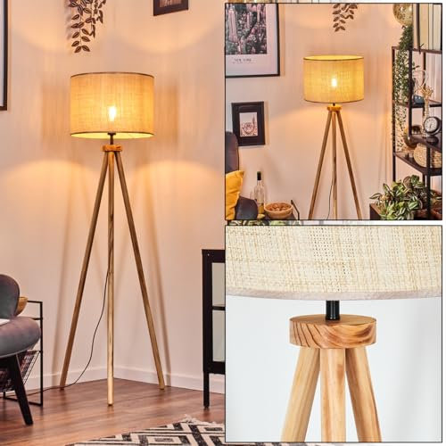 HOFSTEIN Golvlampa Sabaddim, Belysning Inomhus, Lampor för Vardagsrum, Golvlampa med Träbas och Skärm av Pappersnät, E27, Skandinavisk Design, Boho, Höjd 153 cm, Ø 40 cm, Fotströmbrytare