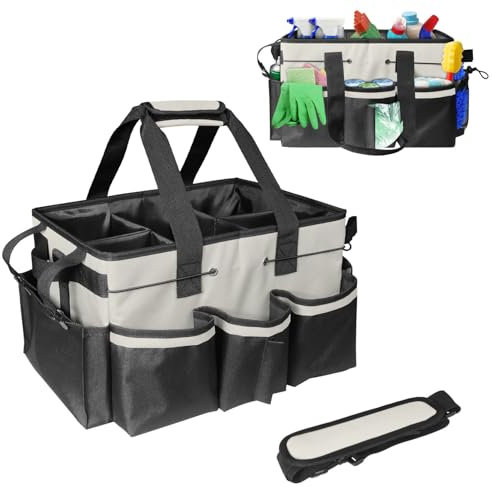 Boczif Sac de Nettoyage Portable, Organiseur de Fournitures de Nettoyage avec poignée, Bretelles et séparation Amovible, Organiseur d'outils de Nettoyage pour nettoyeurs et Femmes de ménage (Blanc)