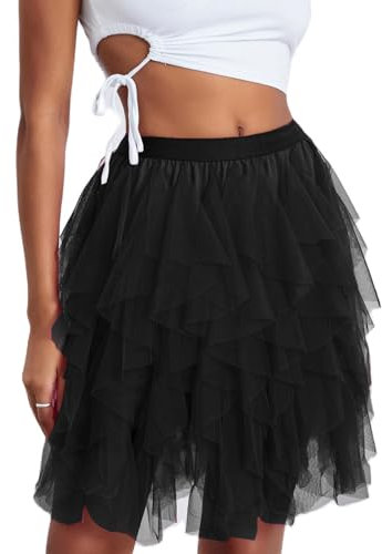 Damen Tüllrock Kurzer Tüll Petticoat Unterrock High Waist A-Linie Tutu Rock Minirock Faschingskostüme Tütü Rock für Halloween Fasching Karneval Kostüm Party (Schwarz, ONE Size)