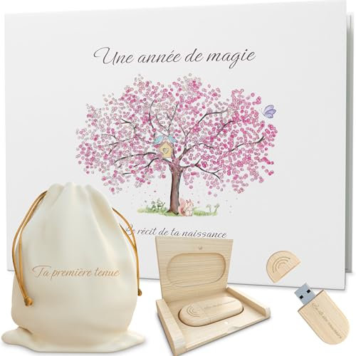 Libro di nascita per bambini con chiave USB per ricordi digitali e sacchetto per il 1° vestito, album fotografico Bebe 116 pagine per incollare le tue foto e scrivere, ideale come regalo per nascita