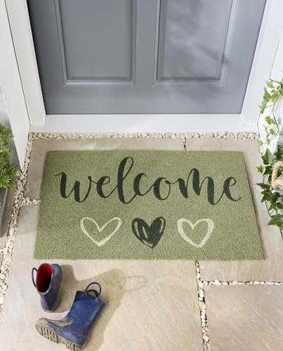 Coir Door Mat for Doorway, Home Entry, Balcony, Garden, Dirt Trapper Entrance Indoor Outdoor Non-Slip Absorbent Welcome Mat Natural Doormat in 45 x 75 cm Welcome Sage Green