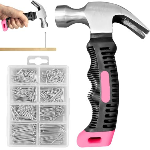 LEKEFETO Lot de mini marteau arrache-clou 560 avec clous de quincaillerie, mini marteau arrache-clou avec poignée antidérapante, 280 clous muraux et 280 clous de finition pour bricolage, camping,