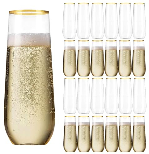 Sythrix Plastic Champagne Flutes 25 Packs Champagne Flutes Plastic with Gold Rimmed, 270ml/9.13oz Stemless Wine Glasses Champagne Glasses for Wedding Halloween Christmas Birthday Party