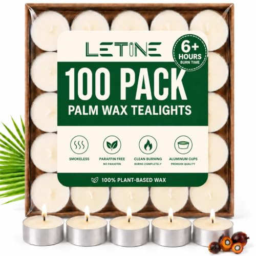LETINE Velas de té de cera de palma, 100 unidades, 6 horas, sin parafina, velas pequeñas sin fragancia, velas blancas, de larga duración para bodas, fiestas, Halloween y Navidad