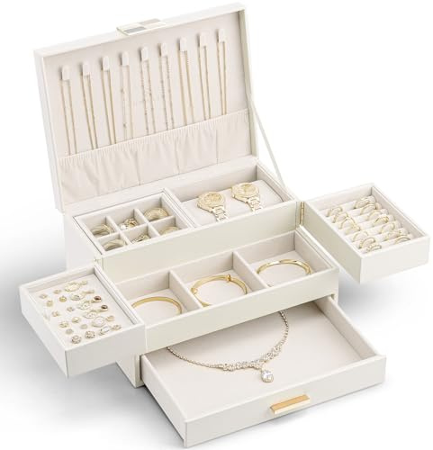 Vlando Jewellery Box, 3 Tier Jewellery Organiser with Drawer, Box & Organiser with Retractable Tray for Necklaces, Rings, Bracelets, Earrings,Cream White