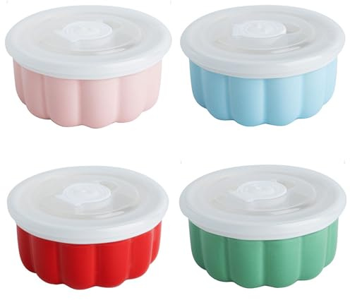 Set di 4 pirottini con coperchio, 170 g, in porcellana, per soufflé crème brûlée, stampi per uova, muffin, mini ciotole, per forno e friggitrice ad aria