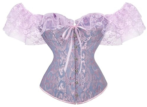 Generisch Corsetto da donna con lacci, bustino a spalla, stampa floreale, stile vintage, corsetto sotto il seno, chiusura anteriore, corpetto a vita, biancheria intima modellata in pizzo, maniche, Blu