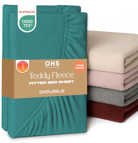 Brentfords Double Bed Sheets, Soft Warm Thermal Teddy Fleece Fitted Sheet Bed Cover Deep Pocket 25cm Double Fitted Sheets 2 Pack Fade Resistant Cuddly Cosy Teddy Bear Bedding, Teal
