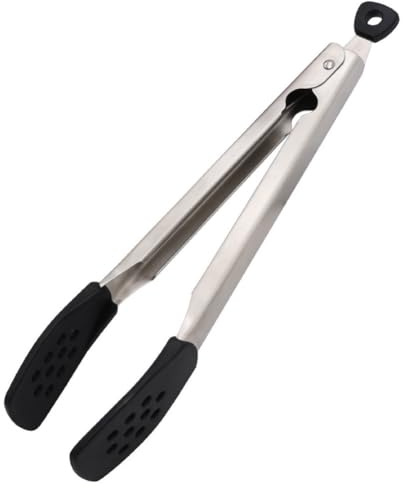 Homeponnew Pinzas de silicona y acero inoxidable 304 con agarre antideslizante para asar y cocinar, color negro