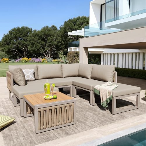 YuQozii Juego de muebles de jardín con cojín de alta calidad y cojín de respaldo, sillón de jardín para 6 personas, tumbona doble para exteriores, ángulo de respaldo ajustable (beige)