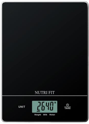 NUTRI FIT Digital köksvåg, härdat glas, 5 kg–1 g/11 pund, svart | Elektronisk multifunktionell livsmedelsvåg matlagning bakning, enheter: g/ml/lb: oz/fl'oz, LCD-skärm, lätt att hänga upp