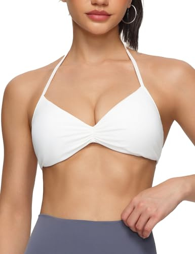 OLAIRE White Adjustable Strappy Sports Bras for Women Padded Low Support Seamless Backless Yoga Gym Bralettes Bikini Top