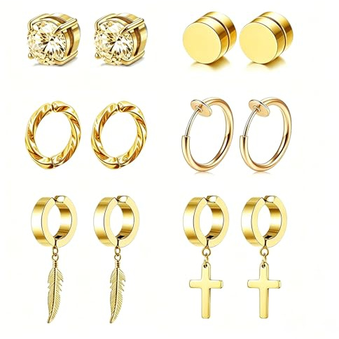 Hinvan 6 Paires Acier Inoxydable Boucles d'oreilles Homme Aimanté Magnétique Fausse Boucles d'oreilles Clips Femme Sans Perçage Boucles d oreilles Non Percées Créoles Croix Plumes Zircon