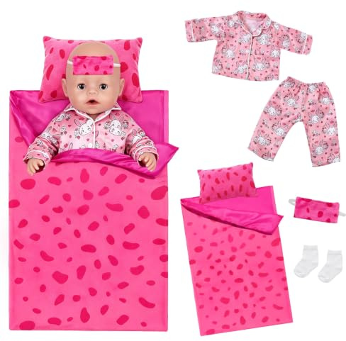 Baby Doll Clothes for 35–43 cm Dolls, 6 Pcs Pink Doll Clothes with Rabbit Pajama Sets Sleeping Bags Pillows Eye Masks Socks for 14-18 Inch Baby Dolls, Girls' Birthday Gift