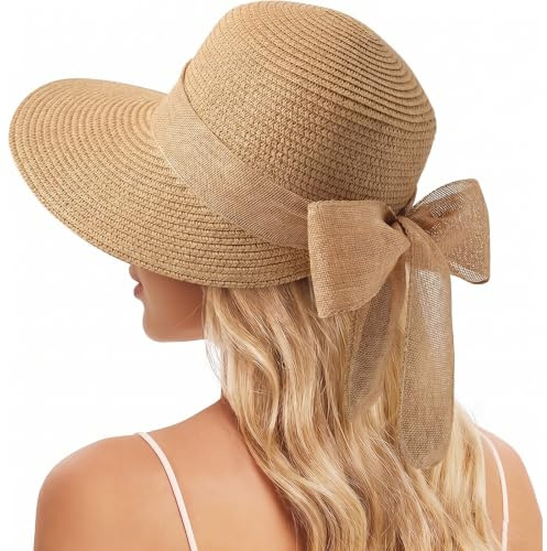 Aribliseza Sombrero de sol para mujer, sombrero de playa de paja y sombrero de verano, sombrero de paja para mujer con protección UV, sombrero de sol plegable con lazo para playa y verano