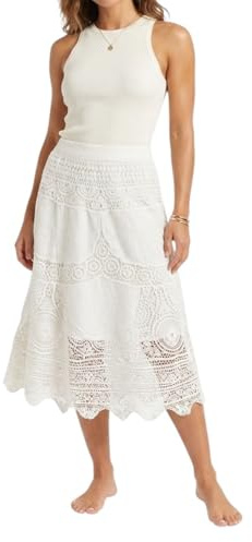 MODELISA - Falda Larga de Encaje para Mujer, Falda Midi Boho Chic de Cintura Alta Elástica Estilo Playero Casual Vintage